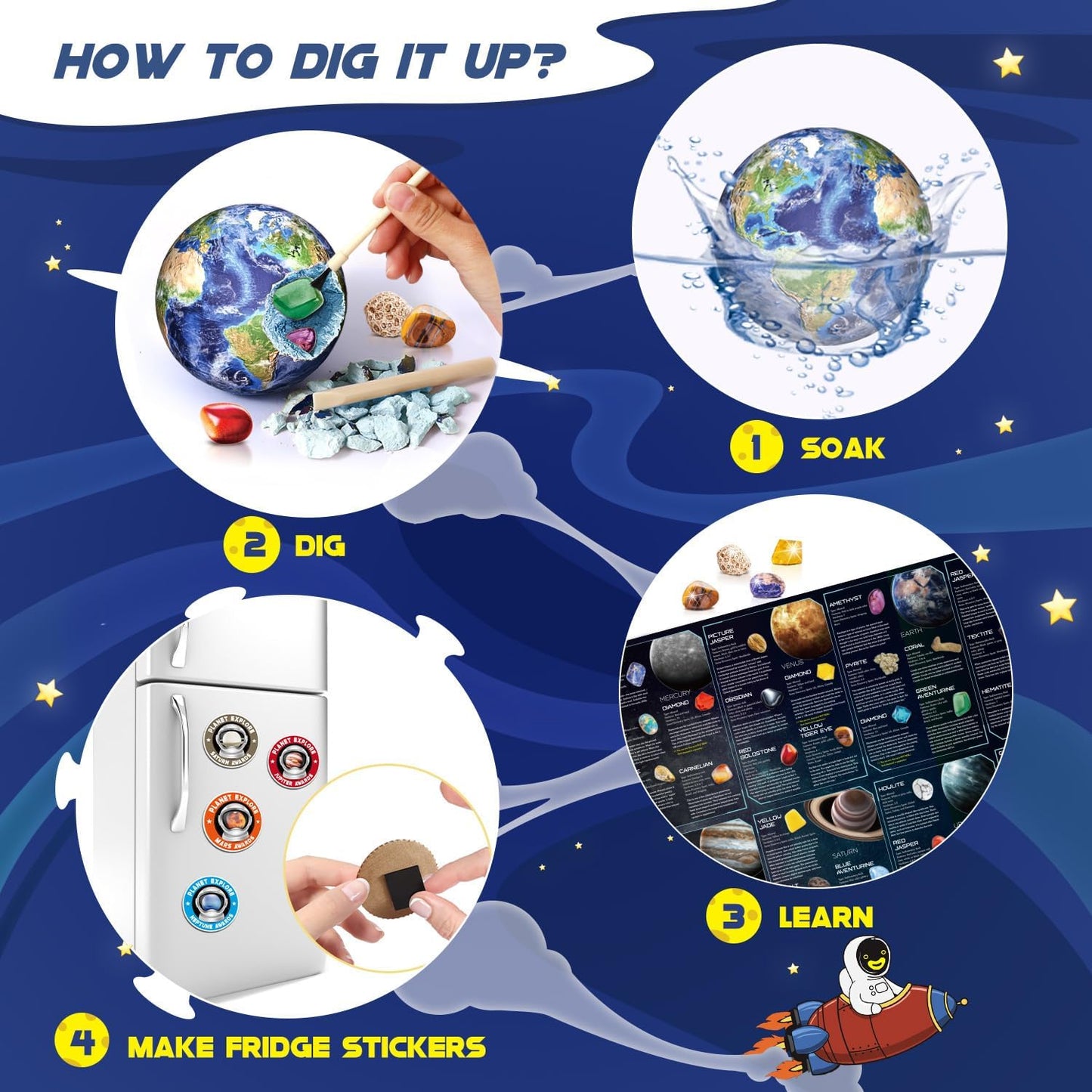 Gemstone Dig Kit - Dig It Up 40 Real Gems & Crystals with Mining Kit Tools, Solar System Eight Planets Toys for Kids Age 6+, STEM Science Educational Toys, Space Toys Ideal Gift for Boys Girls