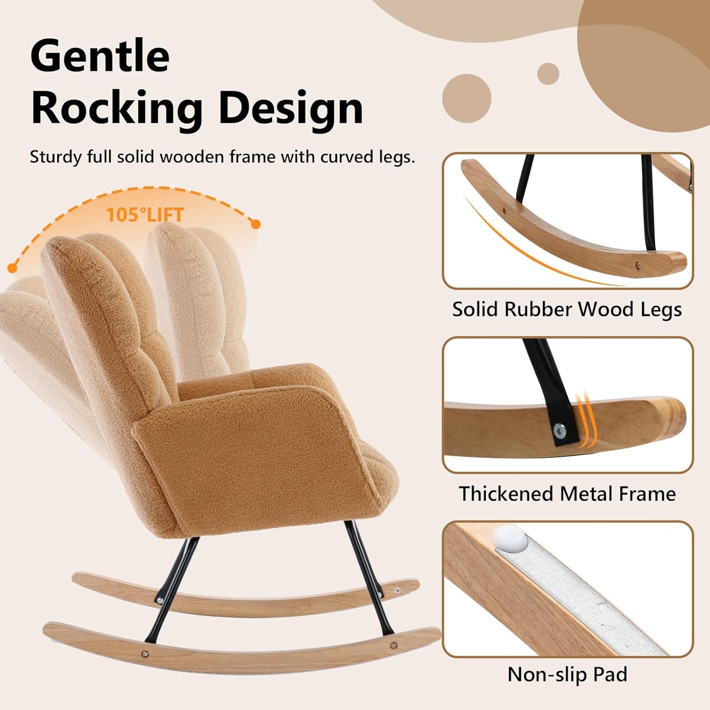 NIOIIKIT Nursery Rocking Chair Teddy Upholstered Glider Rocker Rocking Accent Chair Padded Seat with High Backrest Armchair Comfy Side Chair for Living Room Bedroom Offices (Kahaki Teddy)