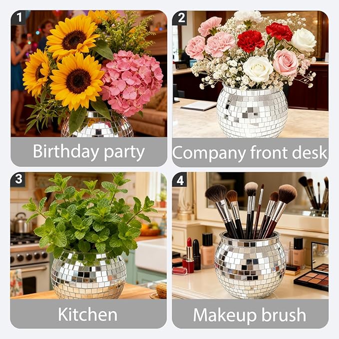 2 Pcs Disco Ball Vases,6" X 6.7" Disco Ball Centerpieces Decor,Silver Mirror Plastic Vase Disco Ball Planter for Wedding,Birthday,Office Table Decorations