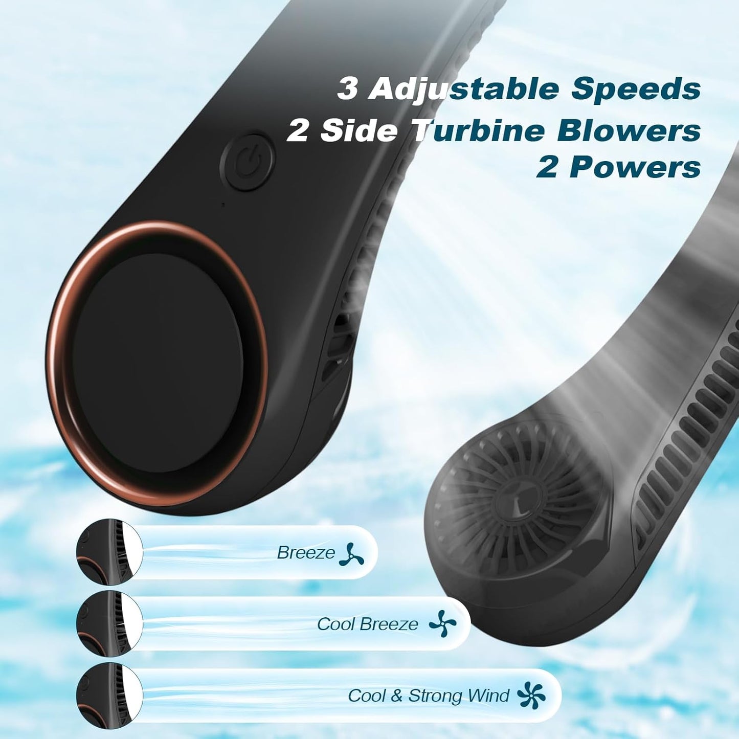 CIVPOWER Neck Fan: Portable Personal Neck Cooling Rechargeable Bladeless Fan - Hands Free 3 Speed 4000 mAh Battery USB Operated Wearable Headphone Design - for Men Women Outdoor Indoor (Black)