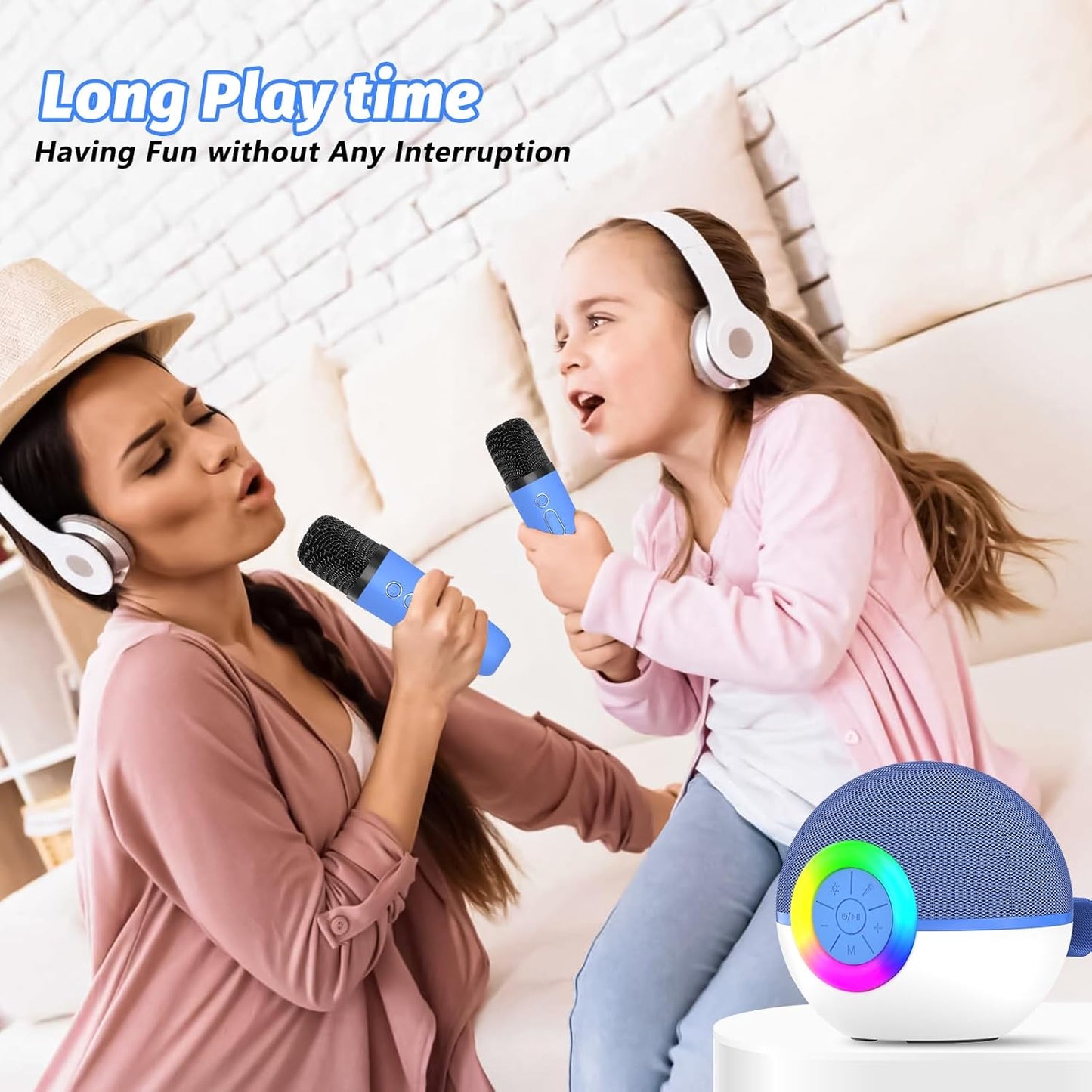 goopow Mini Karaoke Machine Speaker for Kids Adults, Portable Bluetooth Microphone Song Toys with LED Light, Best Chritmas Birthday Festival Gift for 3 4 5 6 7 8+ Year Old Girls Boys (Blue-2MIC)