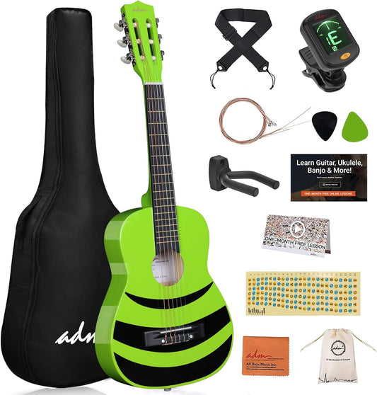 ADM Beginner Acoustic Classical Guitar Nylon Strings Wooden Guitar Bundle Kit for Kid Boy Girl Student Youth Guitarra Online Lessons with Starter Accessories (30 Inch, Geen)