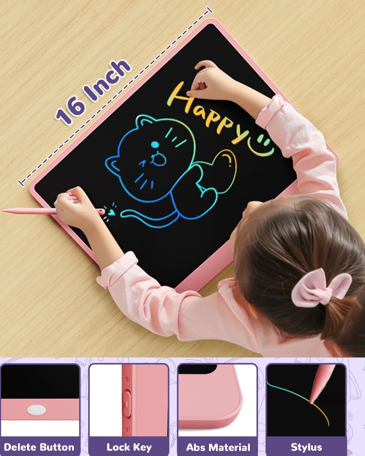 ORSEN LCD Writing Tablet 16 inch - Toddler Toys for 3 4 5 6 7 8 Year Old Girls Boys Birthday Gift Doodle Board Colorful Drawing Pad for Kids, Pink