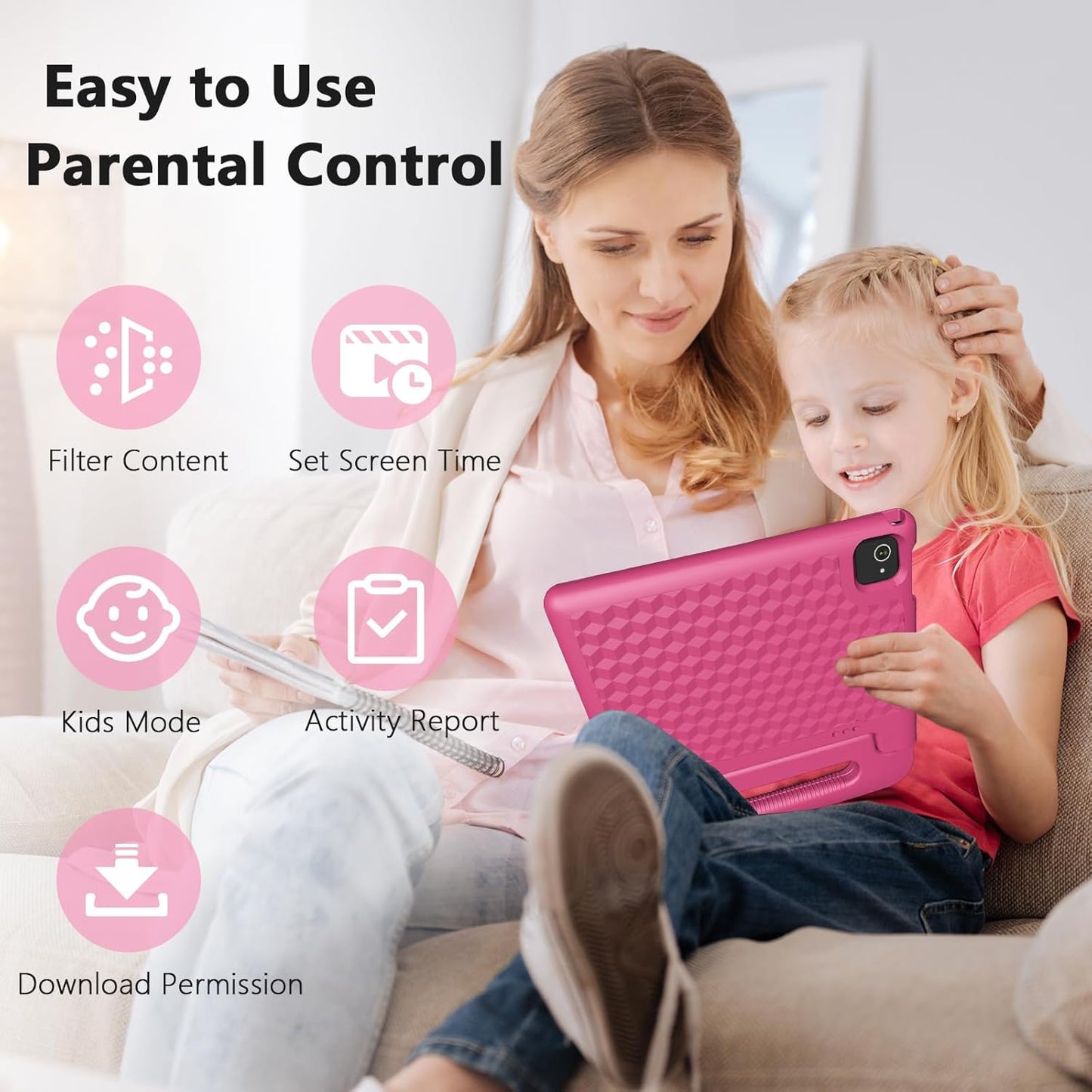 Kids Tablet 8GB+64GB, 10 Inch Android 14 Tablet for Kids 6000mAh with Case, WiFi 6, Bth 5.2, Dual Camera, GPS Pre-Installed Parental Controls, Kids Space & Family Link Great Gift for Toddler Children