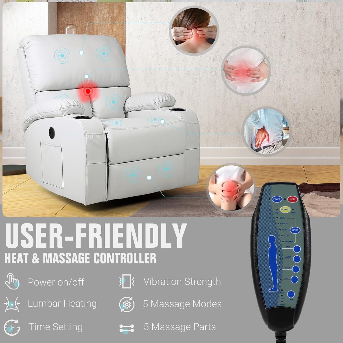 Rocking Recliner Chair, Massage Rocker Recliner Chair with Vibration Massage and Heat, USB and Type-C Ports,360° Swivel Faux Leather Chairs, Living Room, Bedroom, Nursery, RV, Light Grey