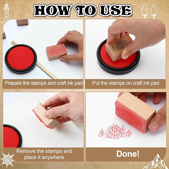 Marspark 24 Pcs Compass Mountains Stamp Combo Map Making Rubber Stamp Kit Compass Outdoor Scenery Stamps for RPG Adventures, Storytelling, and Creative Projects