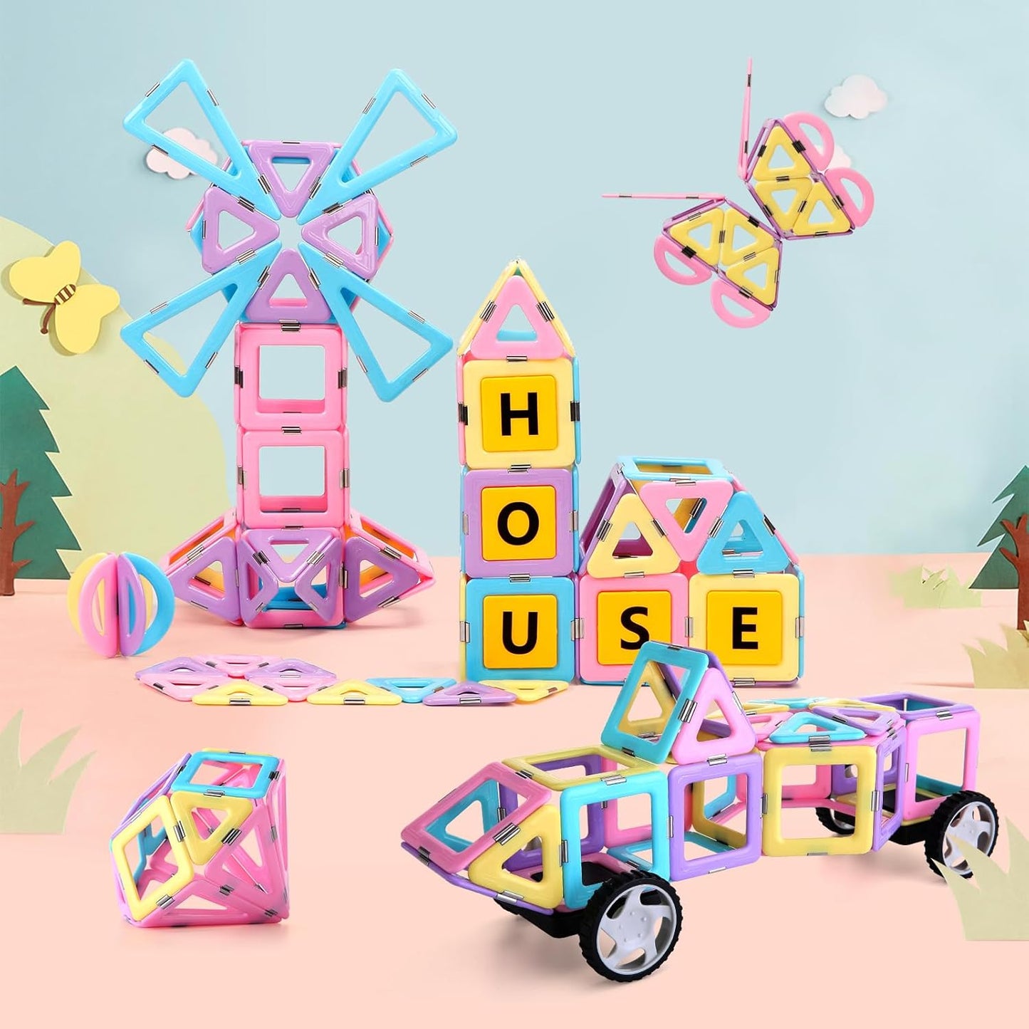 Magnetic Tiles Building Blocks Toys for Kids, 136 Pieces 3D Creative Castle Construction Magnetic Stacking Set Preschool Intelligence STEM Toys for Girls Boys Age 3years and Up (Educational Set)