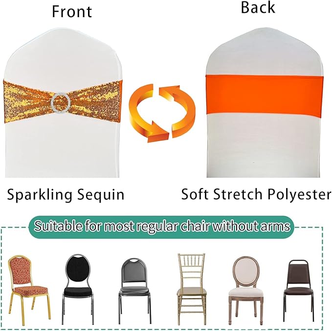 100 Pcs Chair Sashes Sequin Stretch Chair Bands Spandex Polyester Bows for Party Hotel Wedding Banquets Decoration - Orange