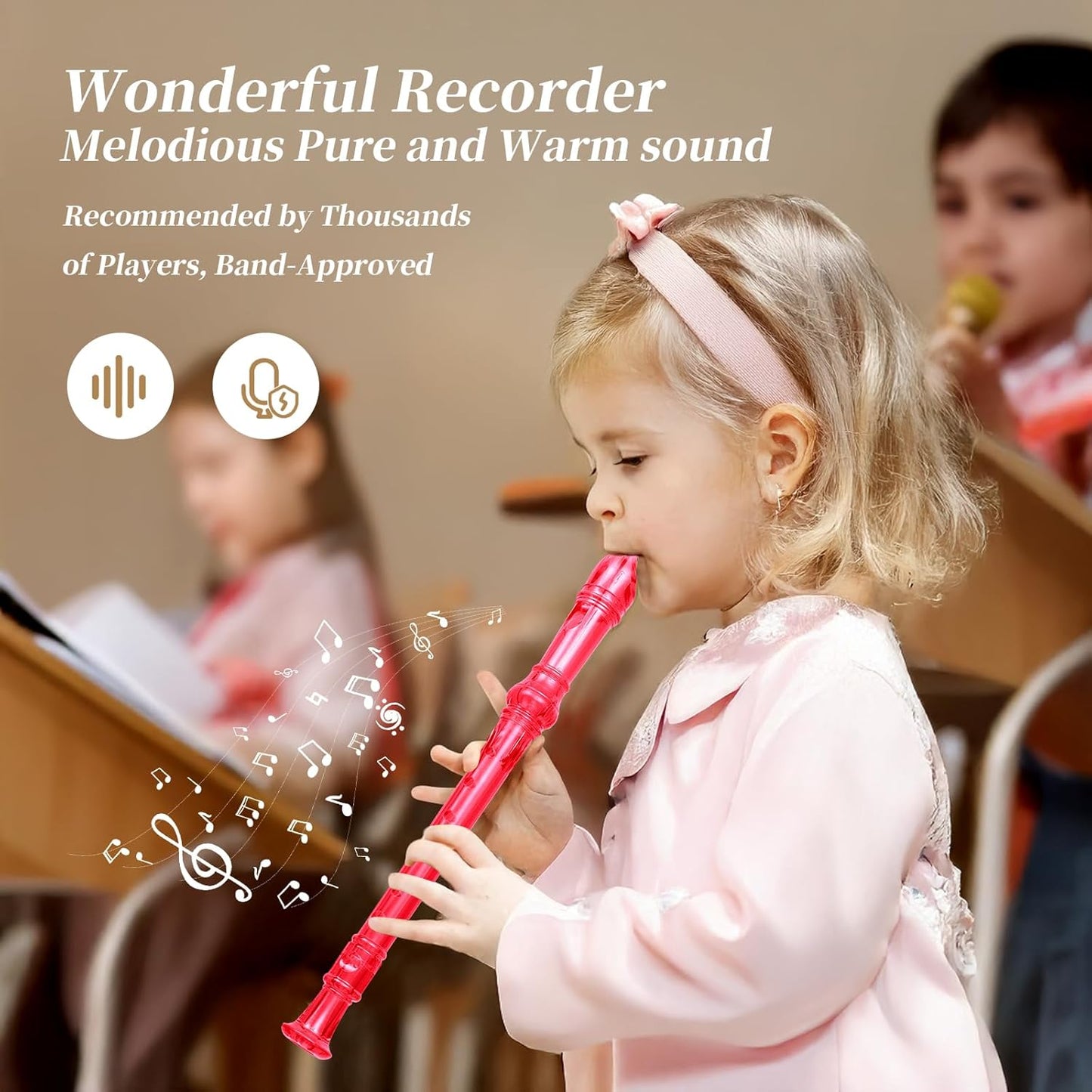 Soprano Recorder Instrument for Kids Beginners Student German Fingering C Key Recorder Instrument 3 Piece with Cleaning Rod and Bag Fingering Chart(Crystal Pink)