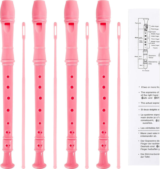SANNIX 4 Pack Recorder Instrument, 8 Hole German Style Soprano Recorder for Beginner, Recorder With Cleaning Rod, Music Instrument (Pink)