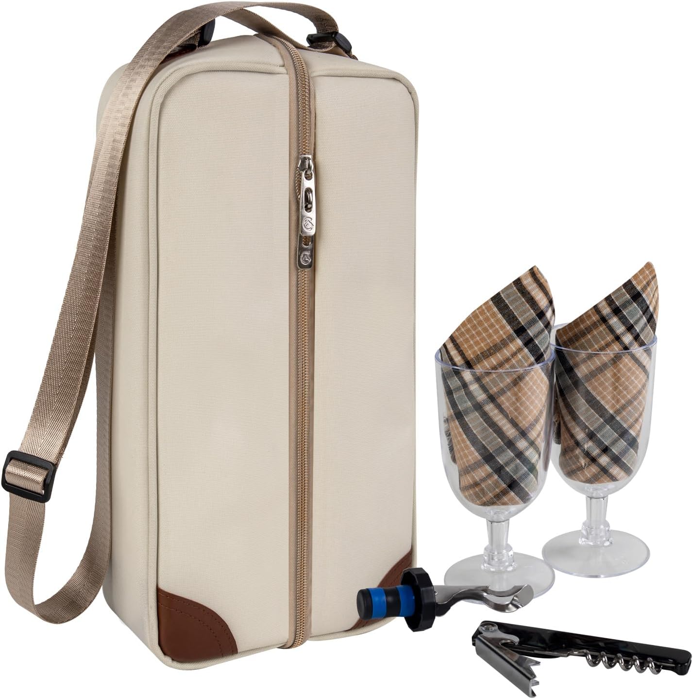 ALLCAMP Wine Tote Bag with Cooler Compartment，Picnic Set Carrying Two Sets of Tableware（Cream-Colored）