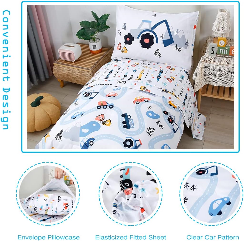 PERFEMET Car Toddler Bedding Kids 4 Pieces Bed in A Bag for Boys Vehicles Truck Toddler Girl Comforter Sets with Bed Sheets Modern Bedroom Collection, White