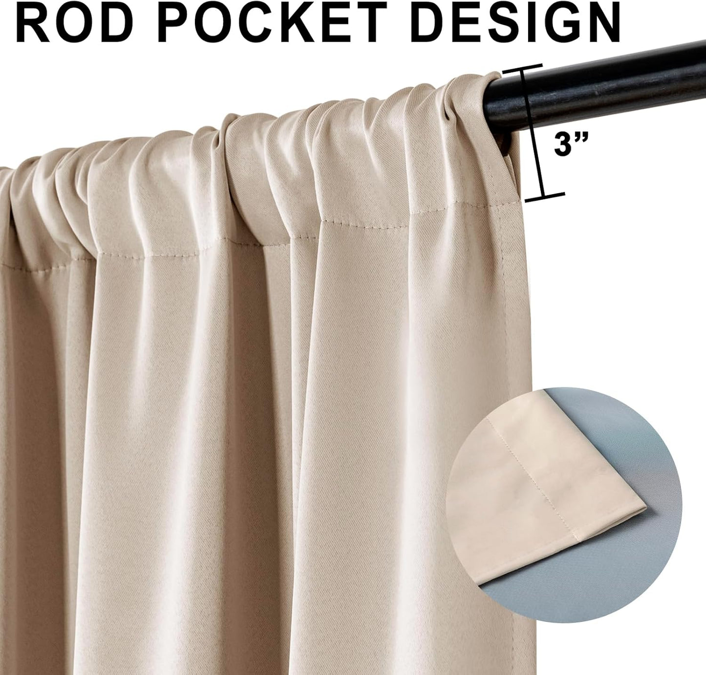XWZO 100% Blackout Curtains 84 Inches Length with Tiebacks, Light Blocking Rod Pocket Window Drapes with Black Liner Backing for Bedroom/Kid's Room, Biscotti Beige, W70 x L84, Set of 2