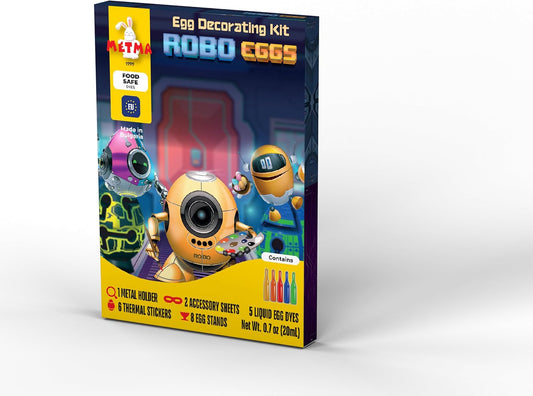 METMA 1999 Egg Decorating Kit ROBO - Complete Decorative Eggs Set with Liquid Dyes, Stickers, Egg Spinner, and More - Fun Easter Egg Dye Kit Arts and Crafts for Kids(ROBO Eggs)