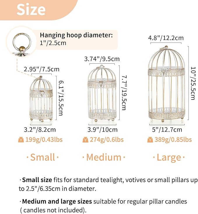 NUPTIO Decorative Candle Lanterns White: 3 Pcs Distressed White Metal Bird Cage Indoors Lantern Centerpiece Assorted Rustic Birdcage Pillar Candle Holders for Home Living Room Porch Office Decoration