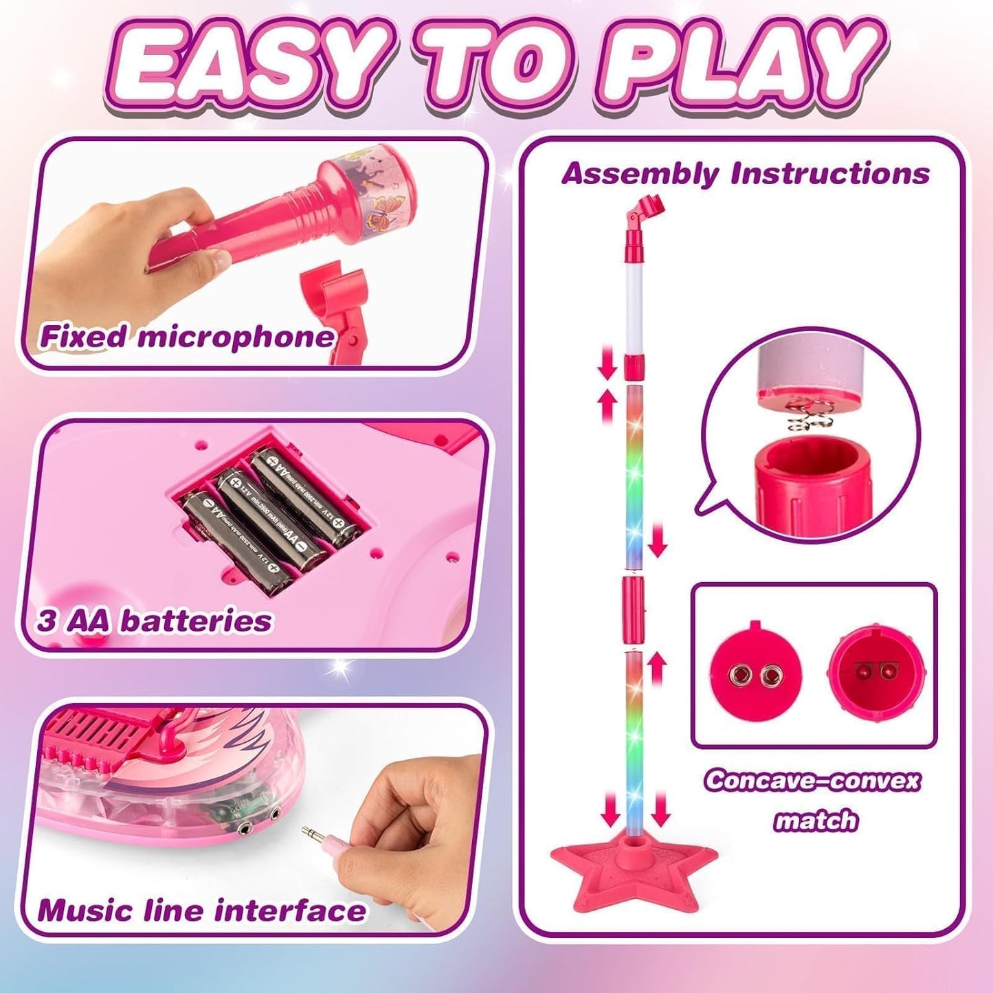 Kids Guitar and Microphone Set, Microphone with Stand and Color Light, Toy Guitar with Strap and Adjustable Volume, Toddler Musical Instrument for 5-9, Kids Karaoke Machine for Boy Girls (Pink)