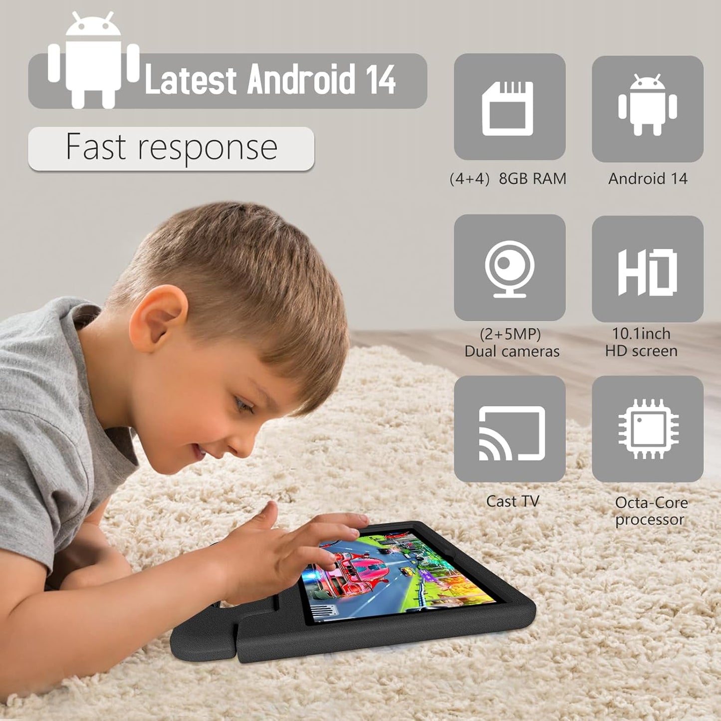 Tablet for Kids Age 3-12 10.1 inch Android 14 6000mAh 8GB RAM+64GB ROM(Expandable to 1TB Kids Tablet WiFi6 Google Kids Space Parental Control 1280 * 800 HD Screen - Black