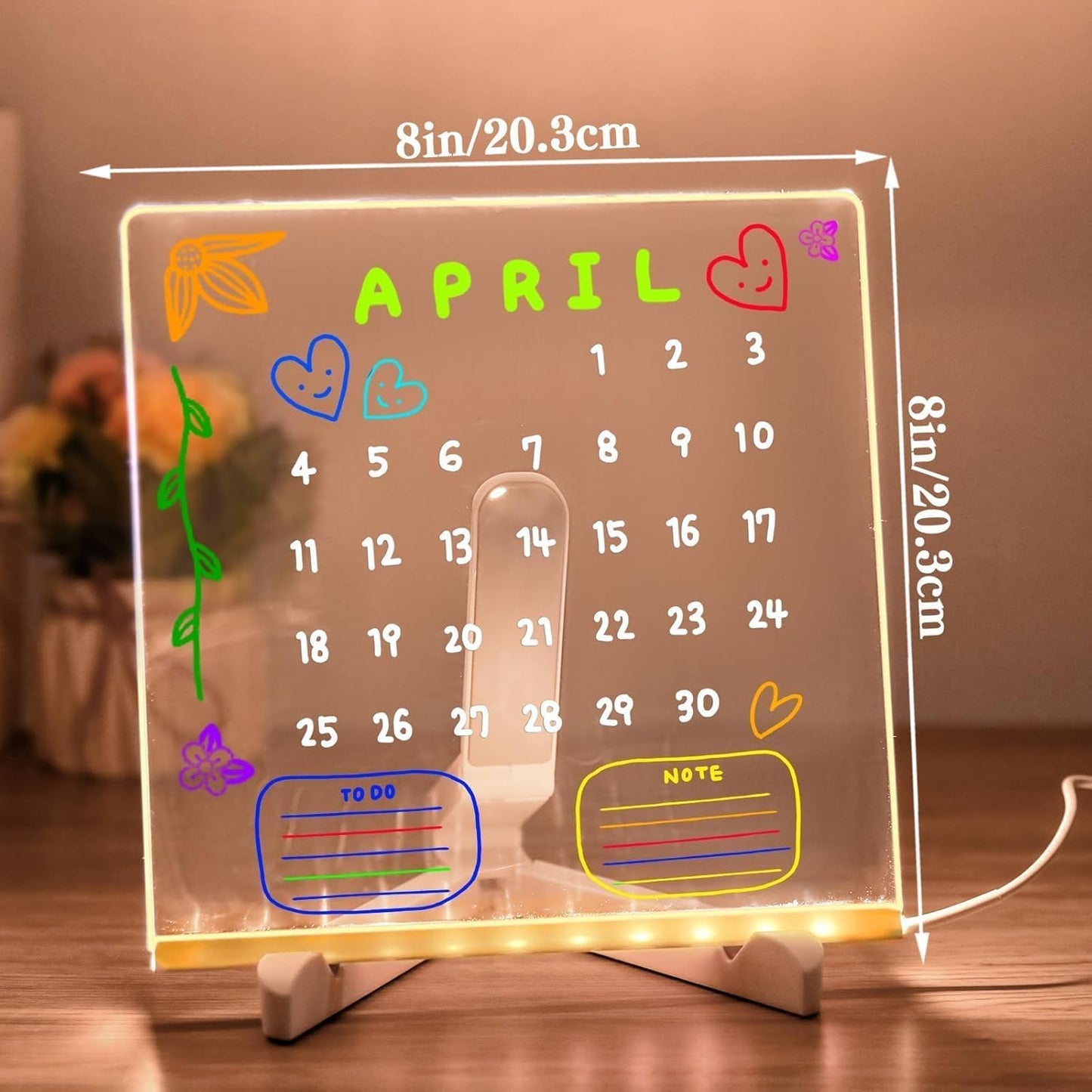 LED Note Board with 12 Colors Markers, 8x8 Inch Light up Acrylic Dry Erase Board Glow Drawing Writing Board with Stand Led Message Memo Board for Office School Home Bedroom Kitchen