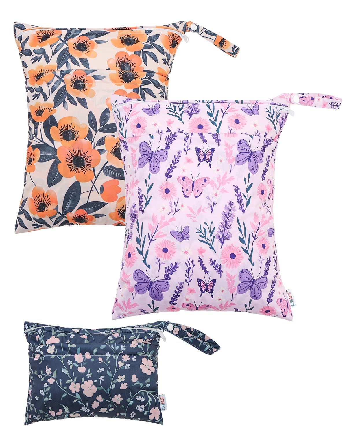 ALVABABY 3 Cloth Diaper Wet Dry Bags Waterproof Reusable with Two Zippered Pockets Travel Beach Pool Daycare Soiled Baby Items Yoga Gym Bag for Swimsuits or Wet Clothes Small medium Large 3L-SML08