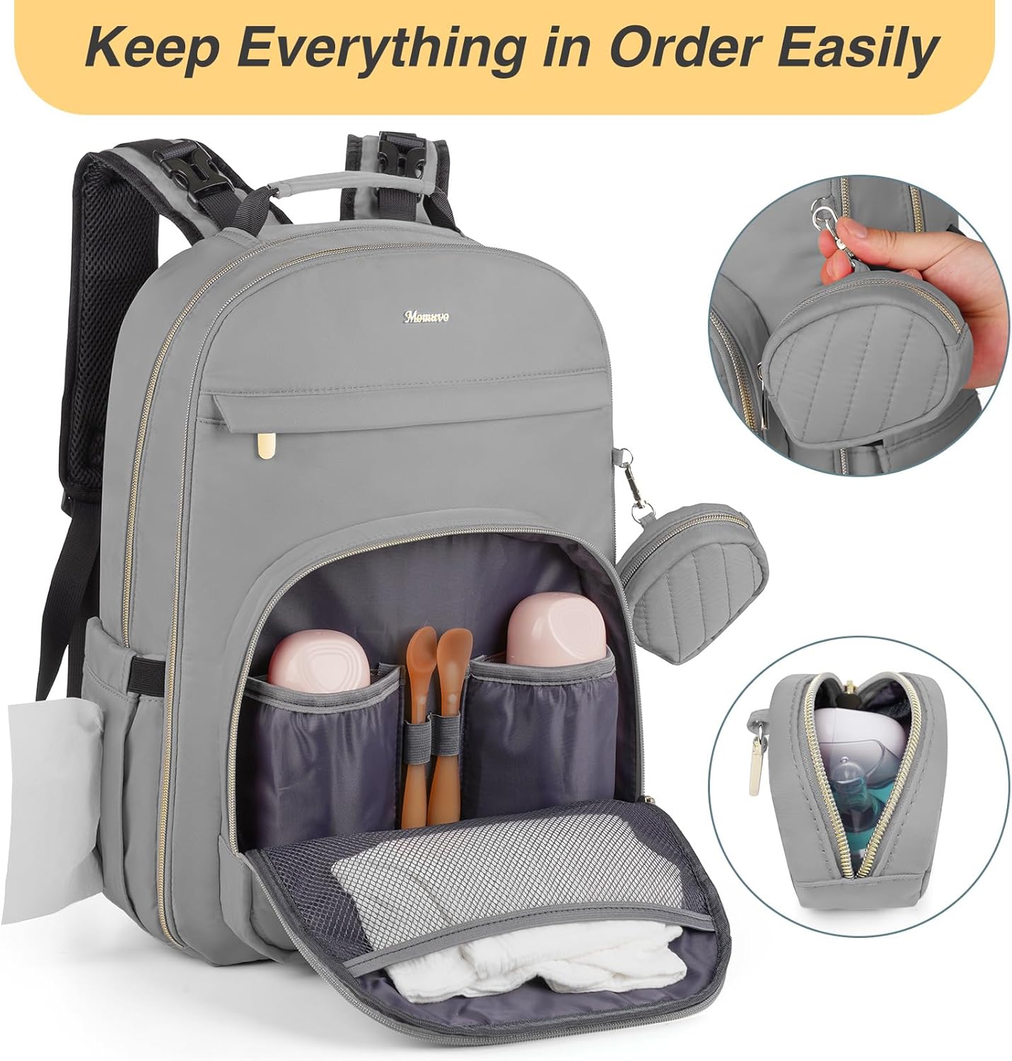 MOMUVO Diaper Bag Backpack, Quilted Baby Bag with Changing Pad and Stroller Straps and Pacifier Case, Large Travel Diaper Bags for Mom Dad, Grey