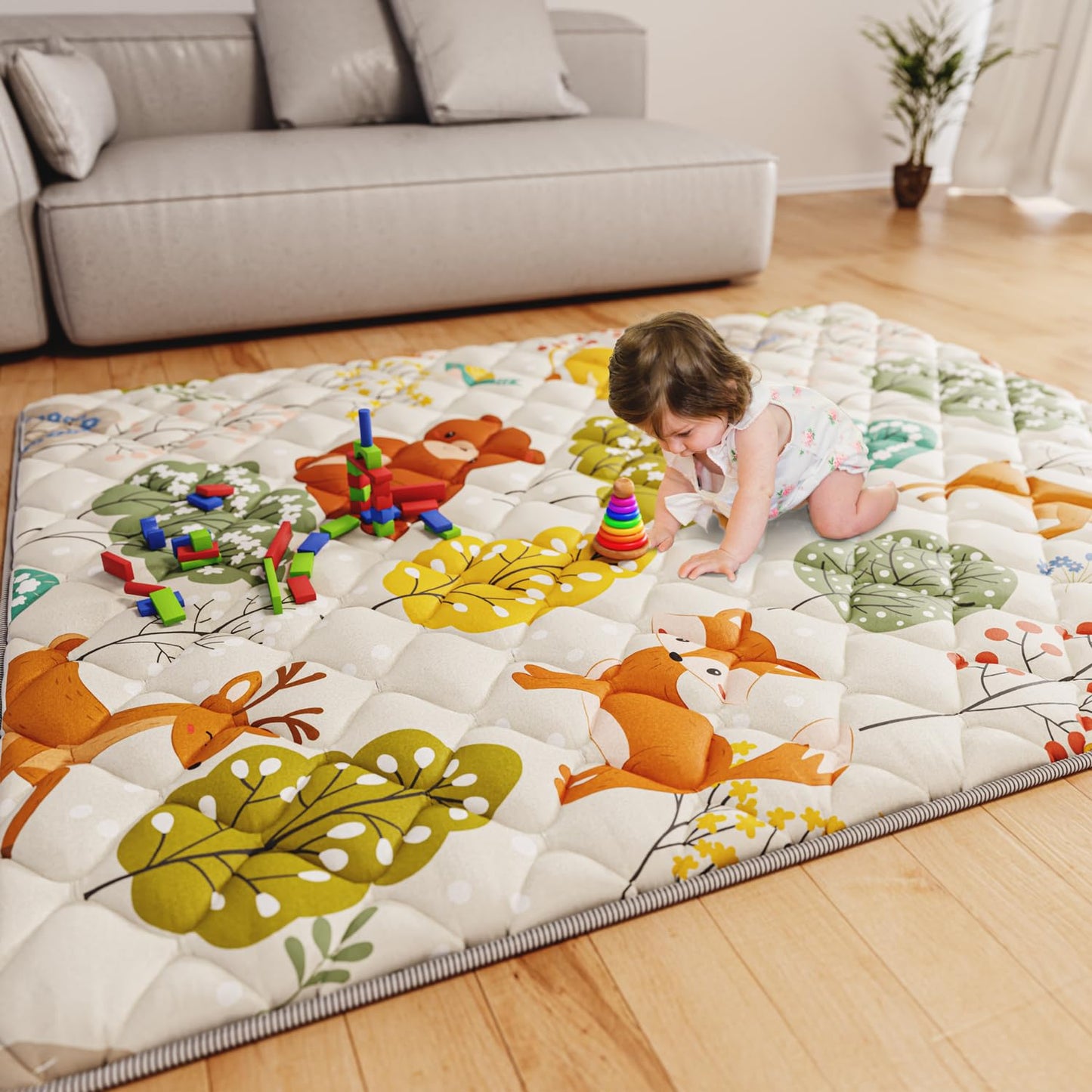Baby Play Mat 71" X 59" Playpen Mat Upgraded Thicken Baby Floor Play Mat Non-Slip Cushioned Crawling Mat Waterproof Activity Playmats for Babies Toddlers Infants (71X59, Fox)