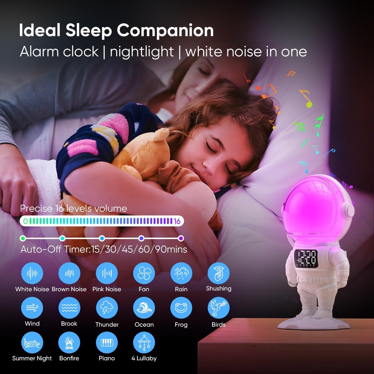 Astronaut Sunrise Alarm Clock for Kids, White Noise Sound Machine with 30 Soothing Sounds, 22 Dimmable Nightlights, Bluetooth Speaker, Dual Digital Alarm Clocks, Wake Up Light for Bedroom, Adults