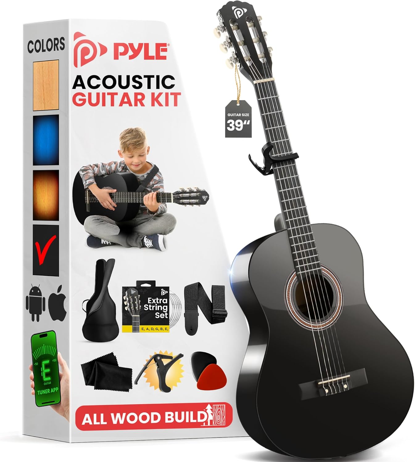 Pyle Beginner Acoustic Guitar Kit, 4/4 Full Size All Wood Build Nylon String Instrument with Capo, Strap, Extra String Set, Gig Bag, Guitars for Beginners Adults Youth, 39" Black Gloss