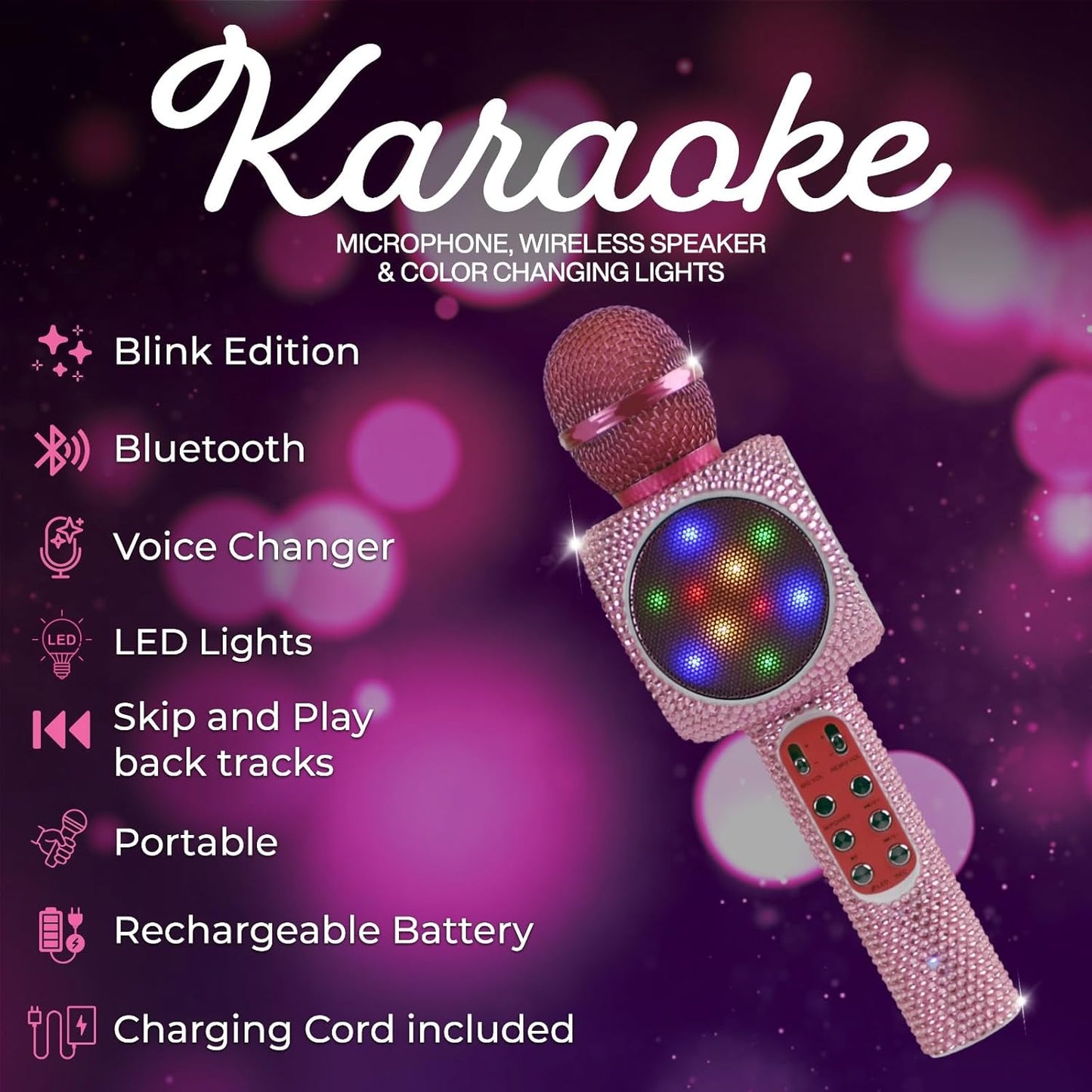 Sing-Along Bling Bluetooth Karaoke Microphone and Bluetooth Stereo Speaker All-in-One (Pink Bling)