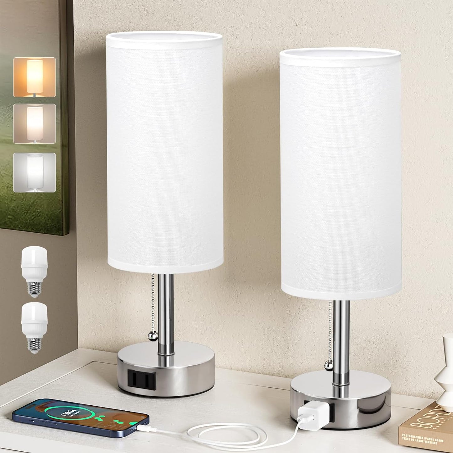 White Silver Bedside Table Lamps Set of 2-3 Color Temperatures Pull Chain Lamp with AC Outlet Charging Port, Two Round Night Stand Lamps for Bedroom, Small Bed Side Light with E26 LED Bulbs