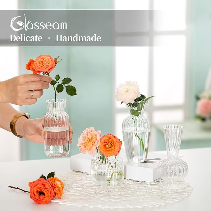 Modern Clear Glass Bud Vase Bulk Set: Glasseam 16Pcs Small Mini Flower Centerpieces Vases Handmade Decorative Cute Short Window Corner Home Decor for Wedding Reception Dining Table Single Rose