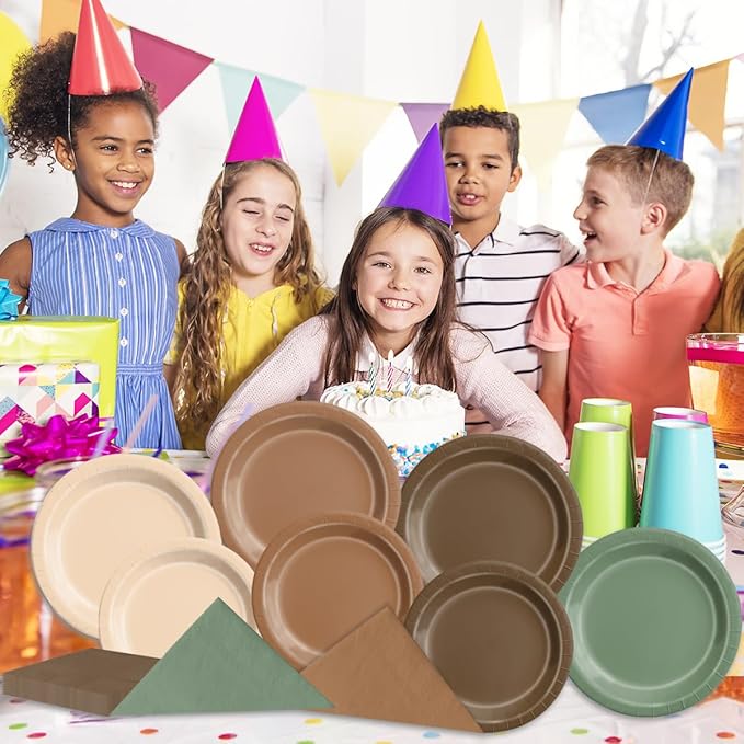 CMUSKO Woodland Baby Shower Decorations - 60pcs Brown Sage Green Forest Animal Theme Plates & Napkins Kit - Safari Party Supplies for Birthday, Baby Shower Neutral