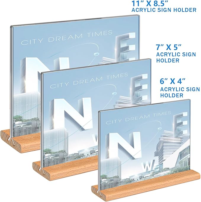 Kersally Acrylic Sign Holder 6 x 4, 6 Pack Double-Sided Clear Table Display Stands with Wood Base,Horizontal Acrylic Frame Menu Flyer Paper Holder for Store, Restaurant, Hotel, Office, Show Fair