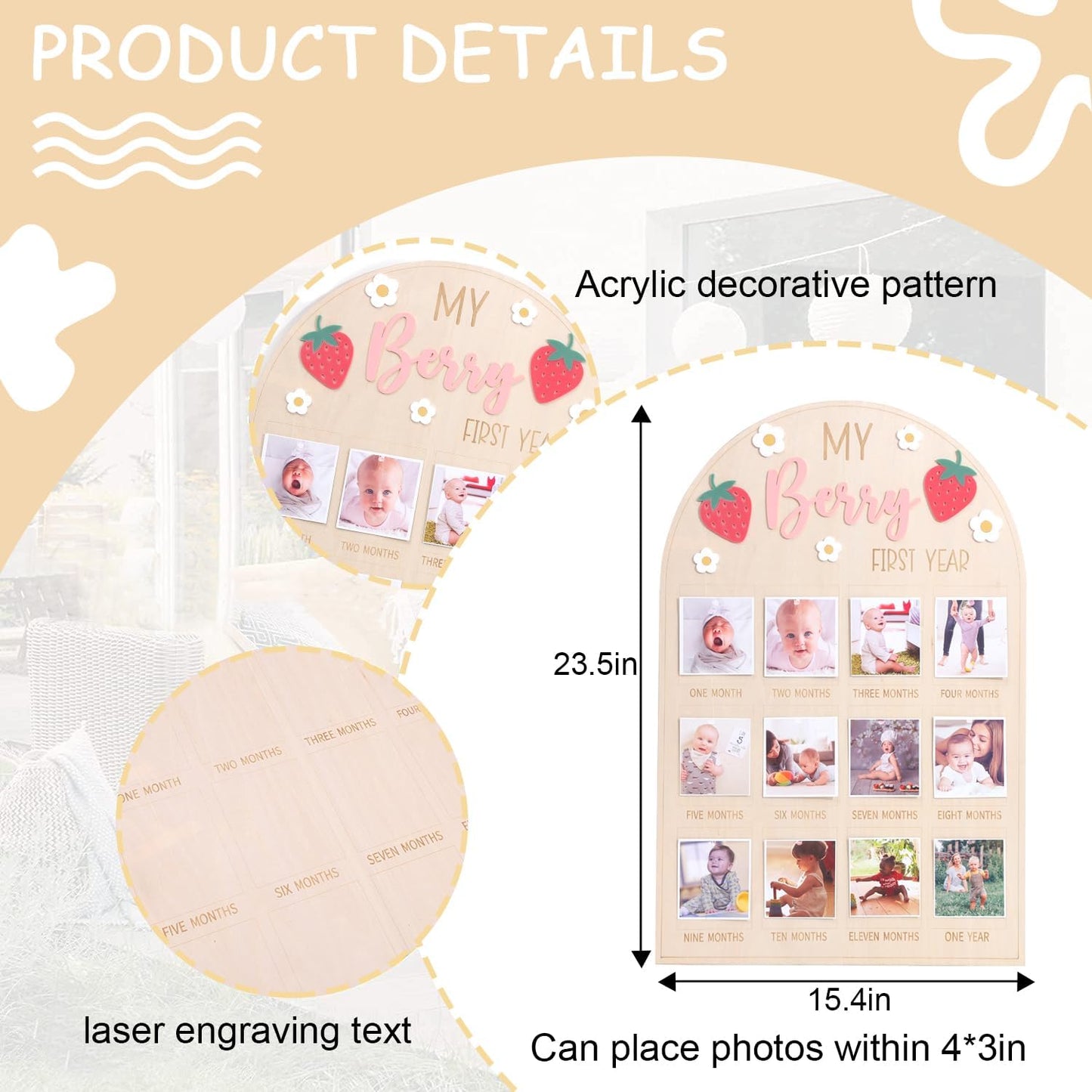 WAOUH Berry First Year Photo Wood Board - Strawberry 1st Birthday Decorations,Strawberry 1 to 12 Months Photo Board,Berry Daisy One Year Photos Display,Newborn Sweet Monthly Milestone Photos Sign