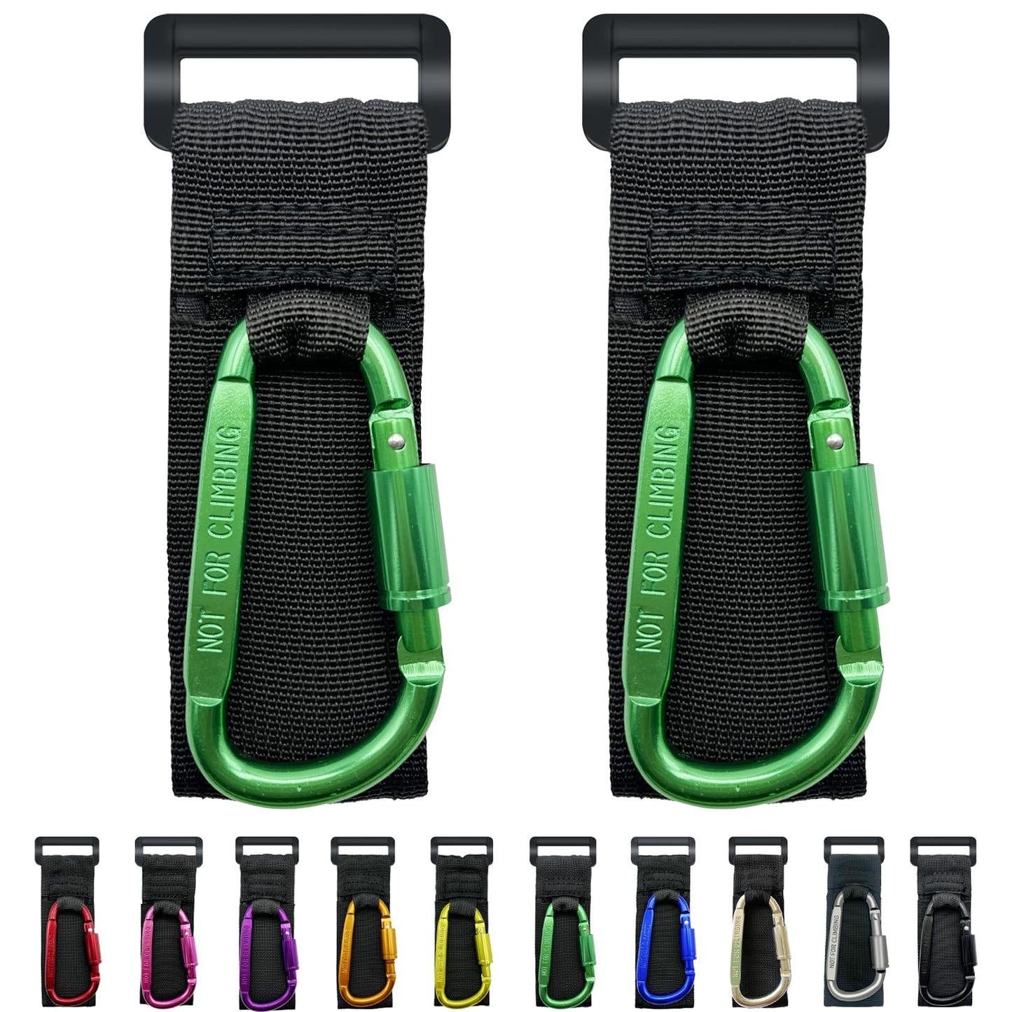 Baby Stroller Hook, Carry 30 lbs per Stroller Carabiner Clip, Adjustable Baby Stroller & Car Seat Hook for Hanging Diaper Bag, Wheelchair,Golf cart, Shopping and Pet Cart(2 Pcs Green)