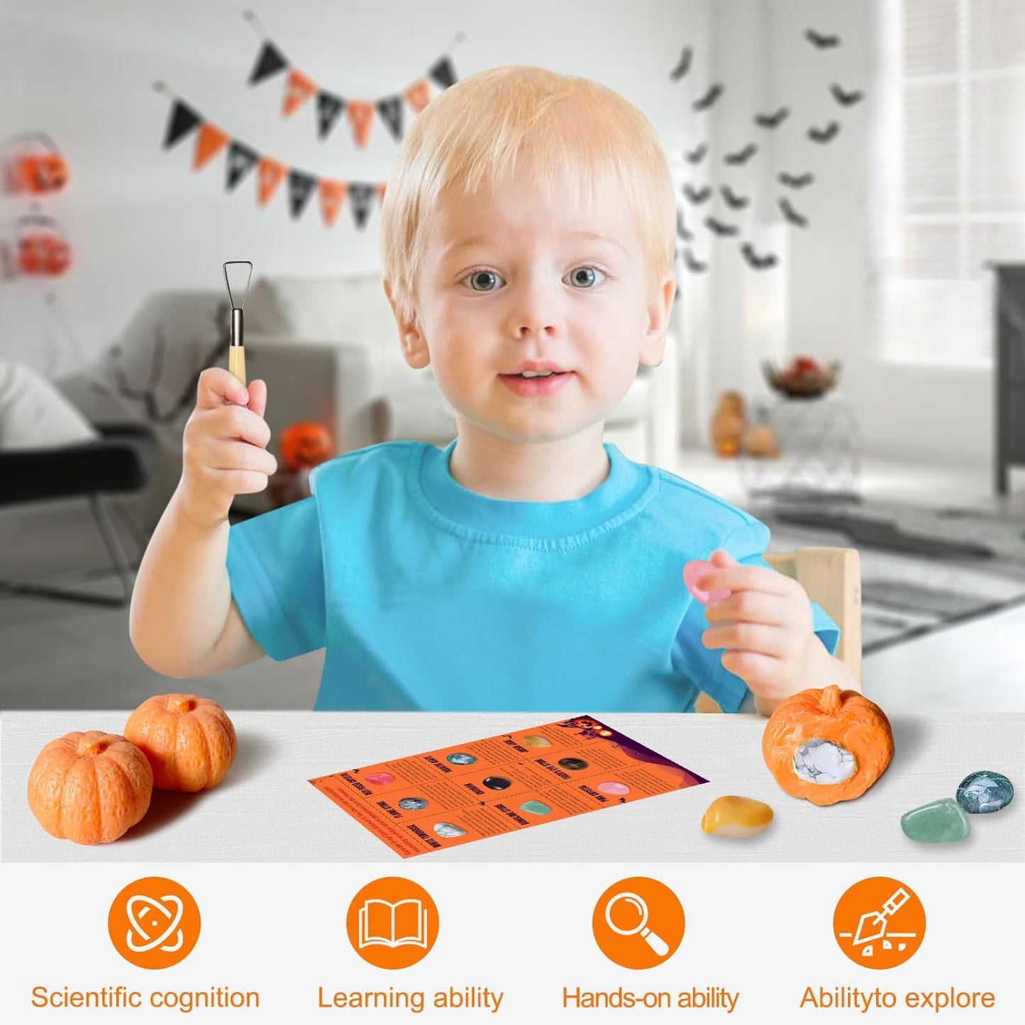 Thanksgiving Gifts for Kids, 3 Pumpkin Orange Bath Soap with Gemstone Inside Dig It Up Kit Halloween Toys Boys Girls Ages 4-5-6-7-8-12 Explore Mining Discover Science Gems Crystal