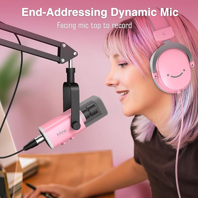 FIFINE XLR Gaming Microphone USB, PC Dynamic Microphone Kit for Vocal, Recording, Podcast, Streaming RGB Mic with Headphone Jack, Mute Button, Boom Arm Stand for Computer/Mixer-AmpliGame AM8T Pink