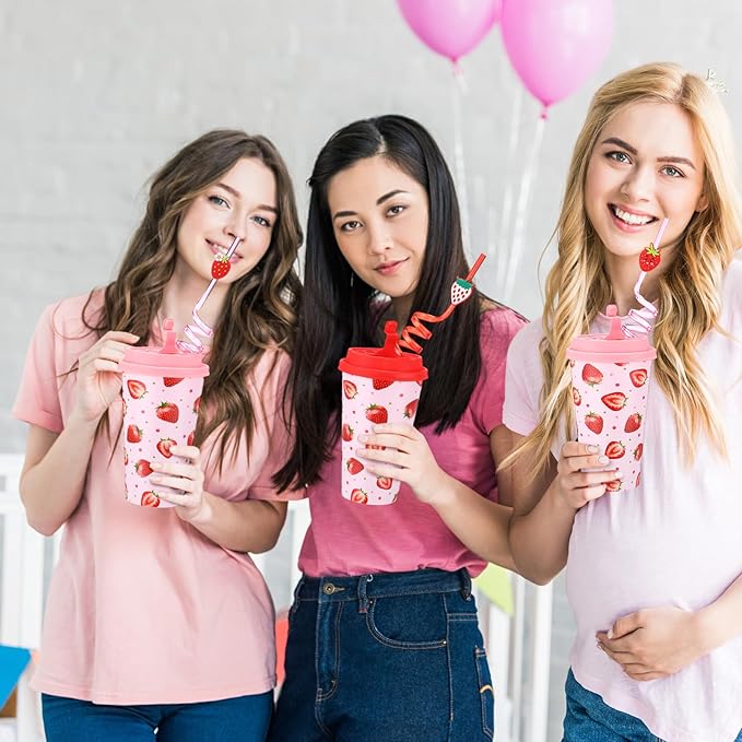 Yungyan 36 Sets Strawberry Party Favors Goodie Cups with Lids and Straws for Birthday Decorations Reusable 16oz Plastic Candy Cups Plastic Straws for Birthday Party (Strawberry)