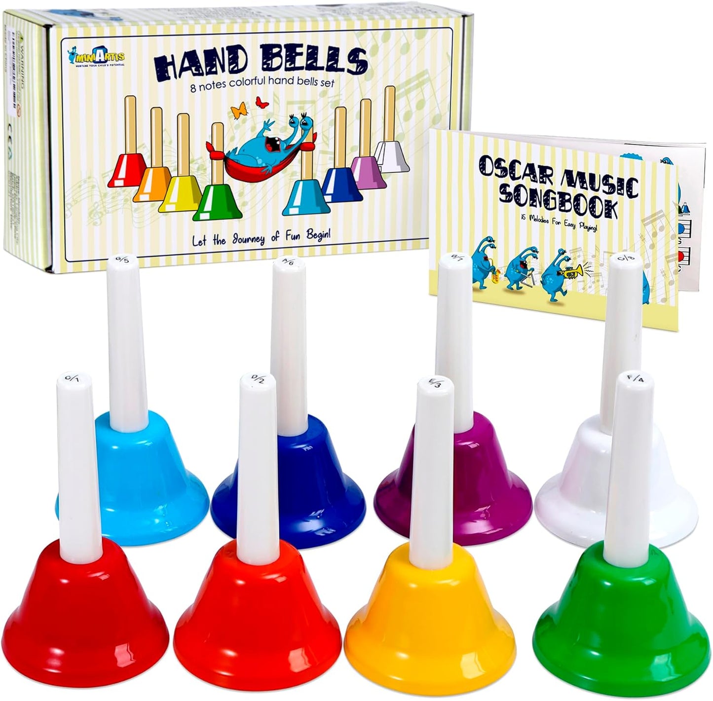 MINIARTIS Hand Bells for Kids | Educational Music Toys for Toddlers 8 Notes Colorful Handbells Set | Kids Musical Instrument with 15 Songbook | Great Birthday Gift for Children