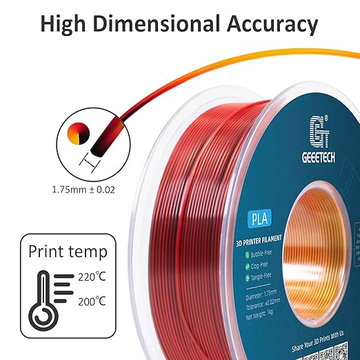 Geeetech Silk PLA Tri Color Filament 1.75mm 3D Printer Filament, Coextrusion Red Gold Black Tri-Colors Metal-Like Shiny Silk PLA Filament, 1kg (2.2lbs) 1 Spool, Dimensional Accuracy +/- 0.02 mm