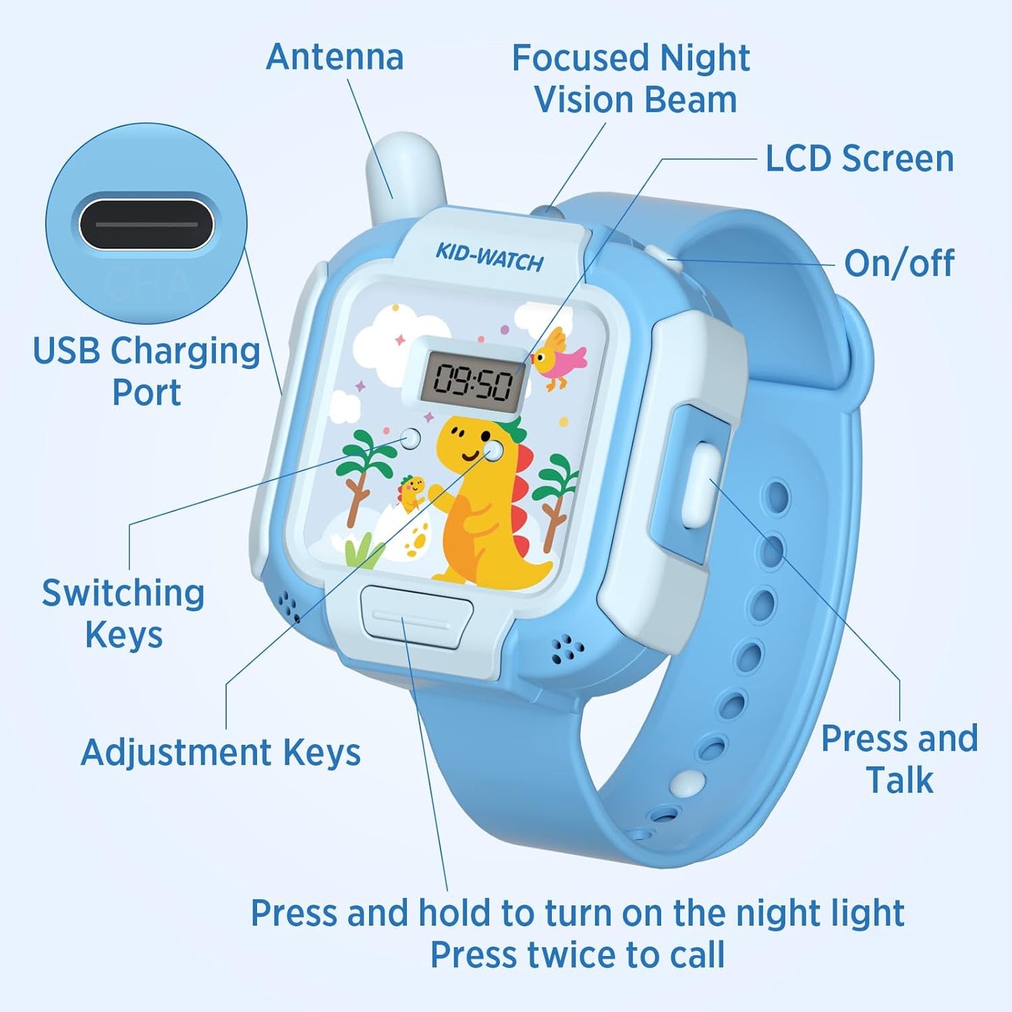 Kids Walkie Talkies Rechargeable 2 Pack, Wearable Wrist & Lanyard Watch with Flashlight, Fun Stickers, Toys Gifts for Boys Girls Age 3-12 for Outdoor Camping, Hiking, Birthday, Christmas (Blue)