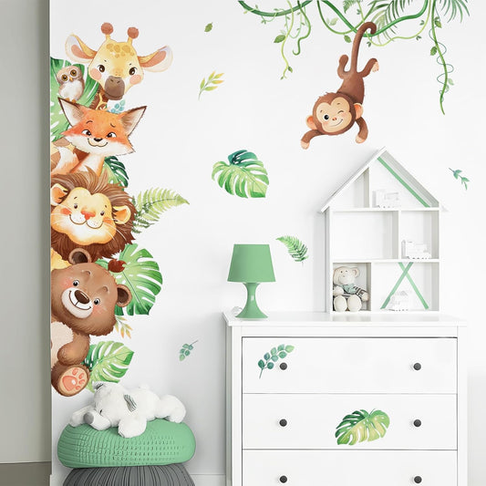 Tanlaby Jungle Animals Wall Stickers Cartoon Safari Animal Wall Decals Fox Bear Lion Monkey Tropical Leaves Art Decor for Baby Nursery Kids Playroom Bedroom