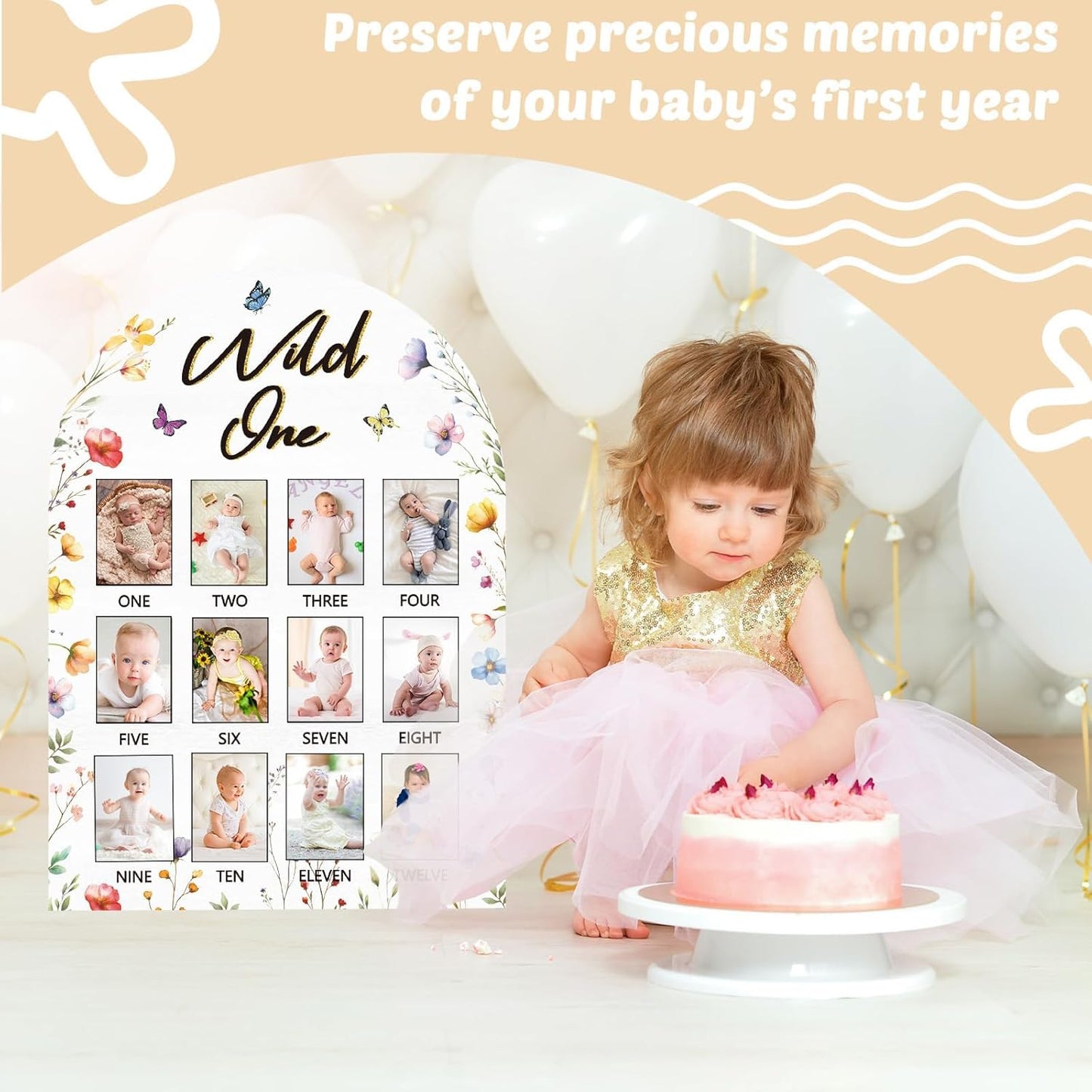 Wildflower First Year Photo Board Wild Flower Birthday Party Wooden Board Decorations 12 Monthly Milestone Picture Frame Wild One 1st Birthday Photo Banner for Baby Girls Keepsake Gift Supply 2x2.8In