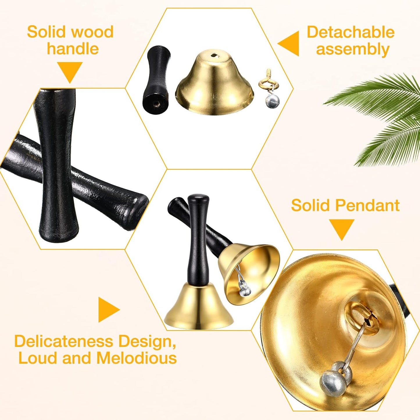 Yeshone 50 Pcs Hand Steel Call Bells Bulk Wedding Dinner Service Bells with Wood Handles for the Sick Elderly Alert Classroom Alarm, 1.97 x 3.66 Inches(Gold)