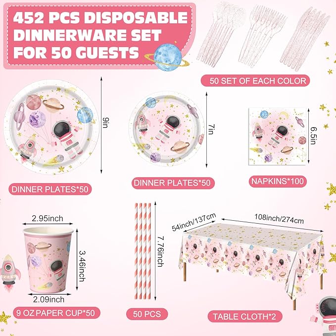 452 Pcs Pink Space Birthday Decorations for 50, Star Astronaut Paper Plates Napkins Cups Moon Tablecloth Cutlery Straws for Solar System Planets Baby Shower Party Supplies Decorations