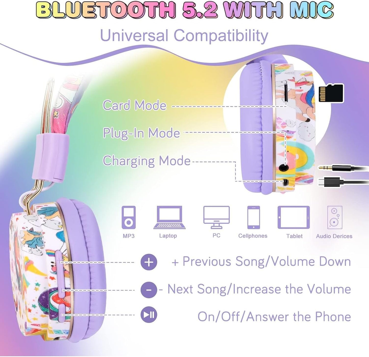 QearFun Unicorn Bluetooth Headphones for Girls - with Microphone & 3.5mm Jack, Adjustable Headband for Kids Teens Toddlers, School iPad Tablet PC Smartphones Compatible (Purple)