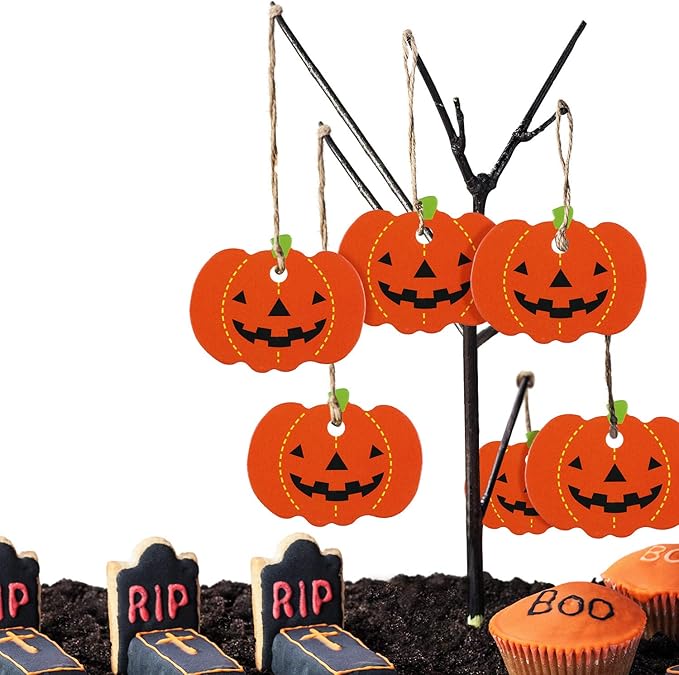 100 Pieces Halloween Pumpkin Gift Tags Paper Hanging Pumpkin Tags Pendants Christmas DIY Party Decorations with Pre Cut Holes, 1.8 x 1.4 Inches