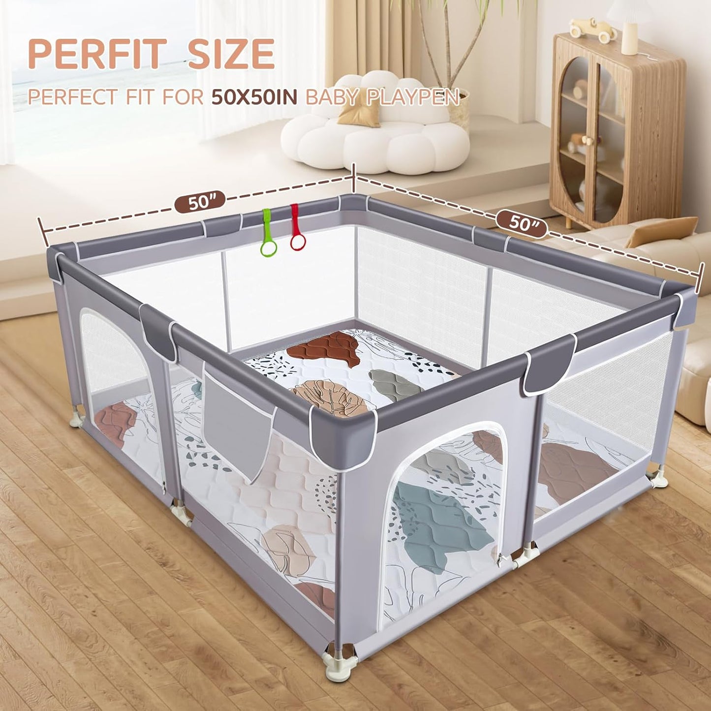 Baby Play Mat - Thicken 50x50 Inch Soft Foam Crawling Mat for Playpen & Floor, Non-Slip Waterproof Activity Playmats for Infants & Toddlers, Portable Foldable & Machine Washable, Boho Design