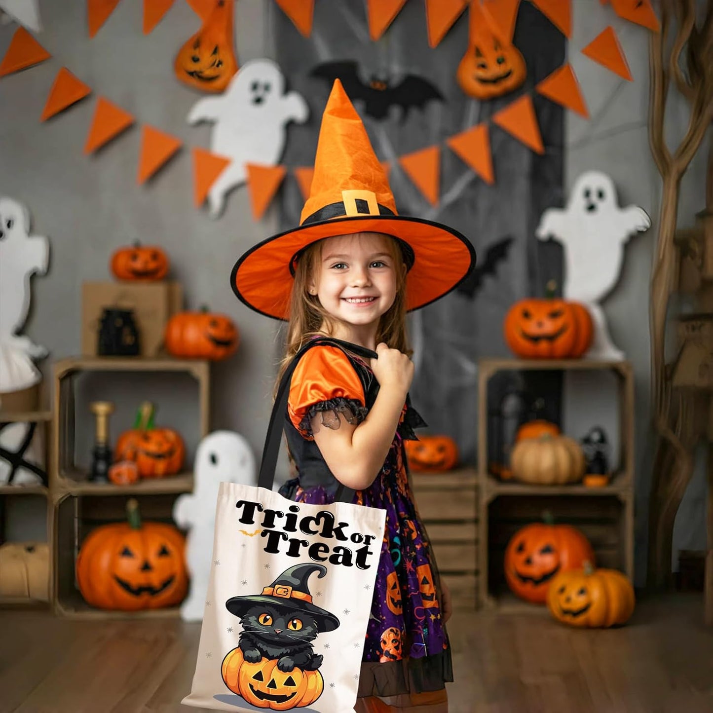TYL&TYS Halloween Treat Bags, 3Pcs Trick or Treating Bags, Halloween Candy Canvas Tote Gift Bags (Trick or Treat, Cat, Pumpkin), Reusable Grocery Boo Basket Bag for Kids