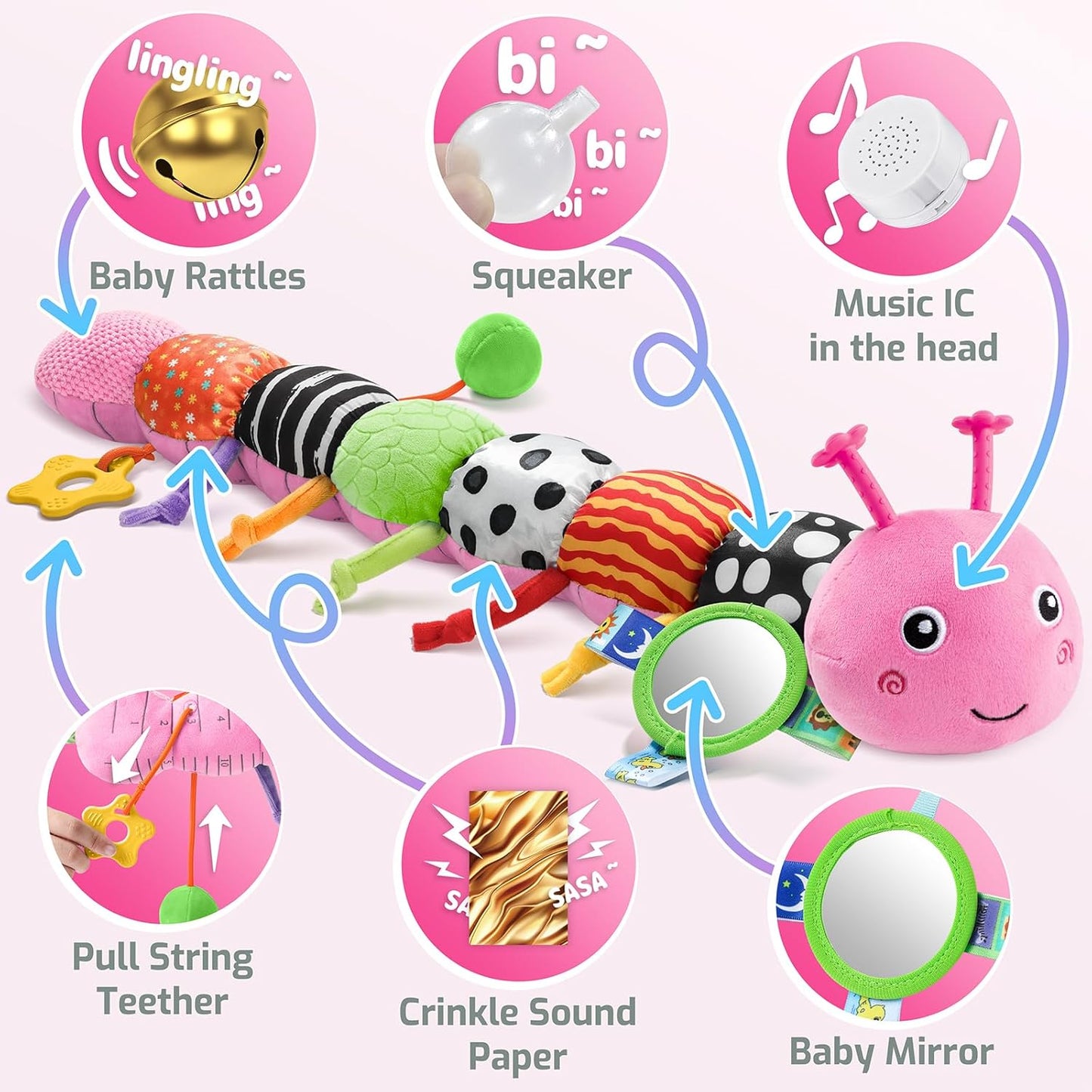 Sumobaby Baby Toys 0-6 6-12 Months,Music Caterpillar Plush Toy with Baby Mirror, Pull String&Crinkle Rattle,Infant Sensory Toys,Tummy Time for 0-3-6-12 Month Boys Girls Newborn Gifts (Pink-Branch)