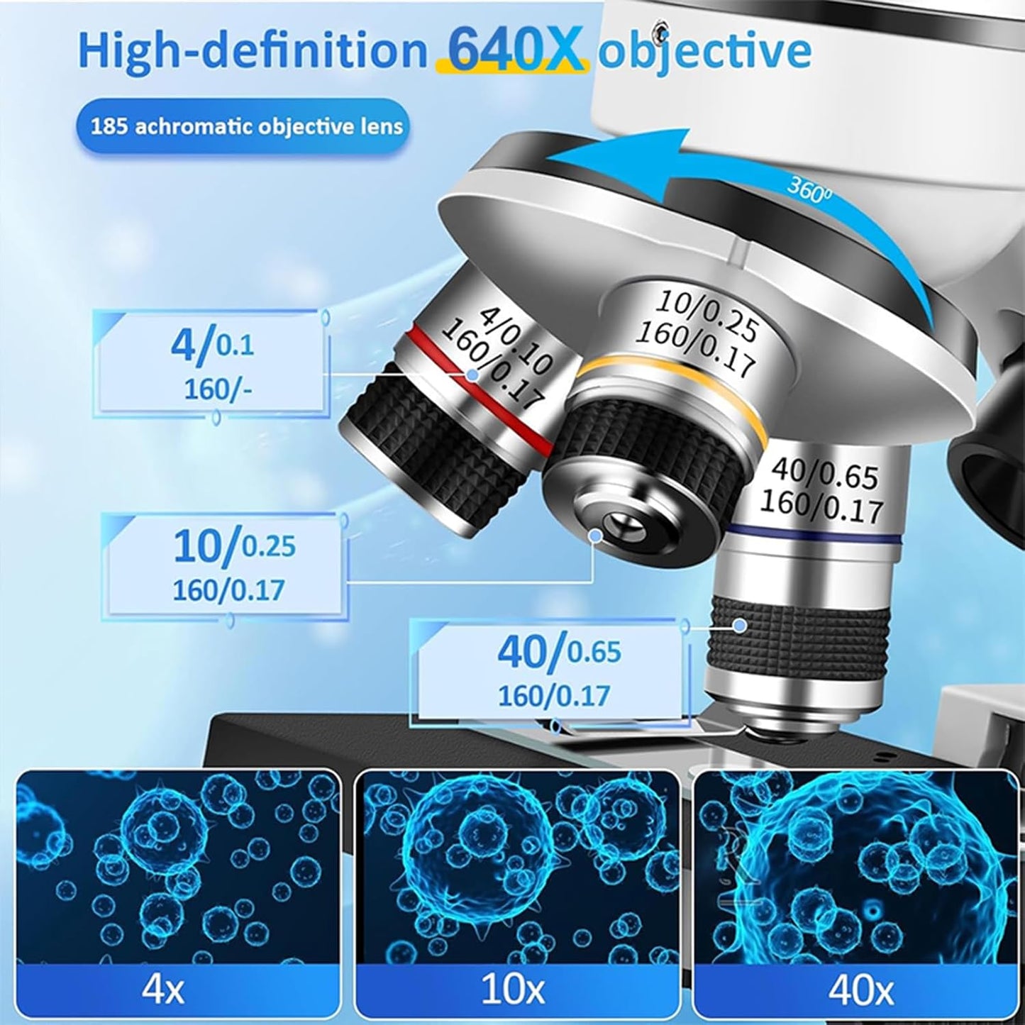 Biological Microscope Kit for Students ，LED Student Compound Monocular Microscope with Base, Suitable for Beginners Cell Phone Adapter, Upper and Lower Light, 100-1000x Magnification Powerful